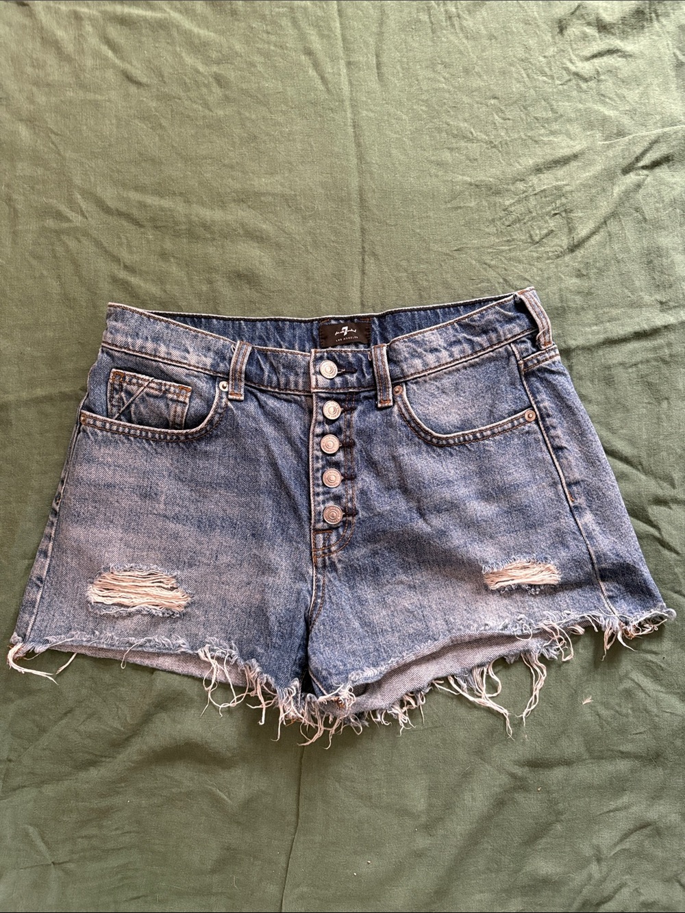 7 For All Mankind Distressed Button-Front Blue Denim Shorts